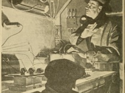 Old lithograph of man standing by radio equipment